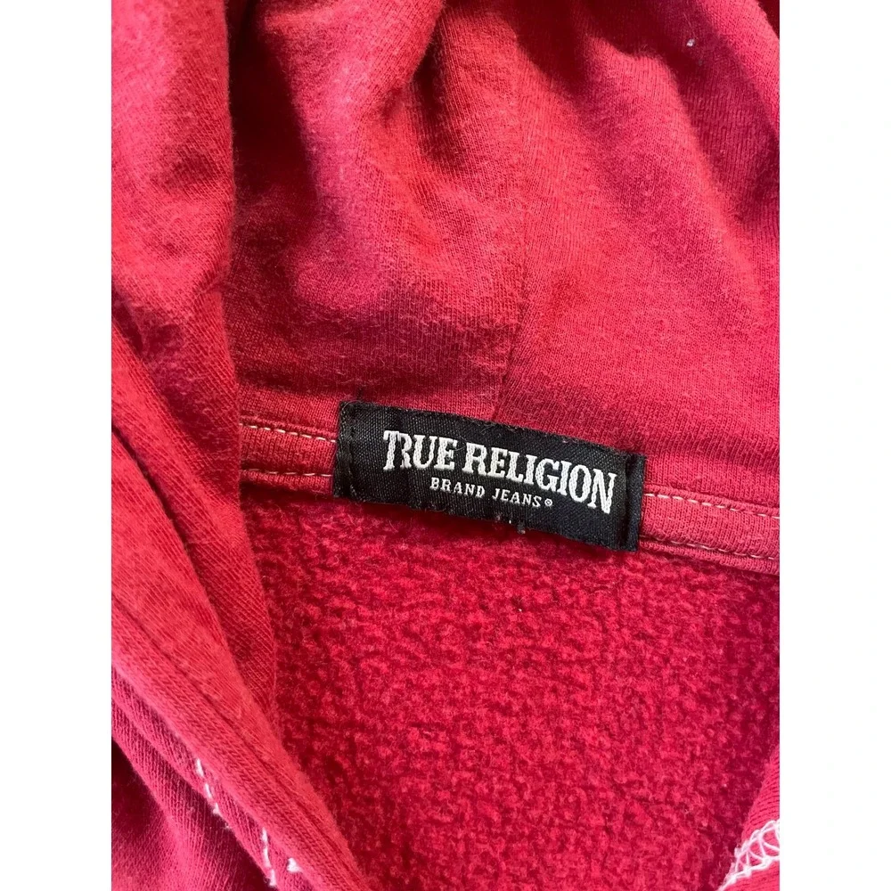 True Religion Mens Large Zip Hoodie Red Buddha Logo Back Graphic Sweatshirt